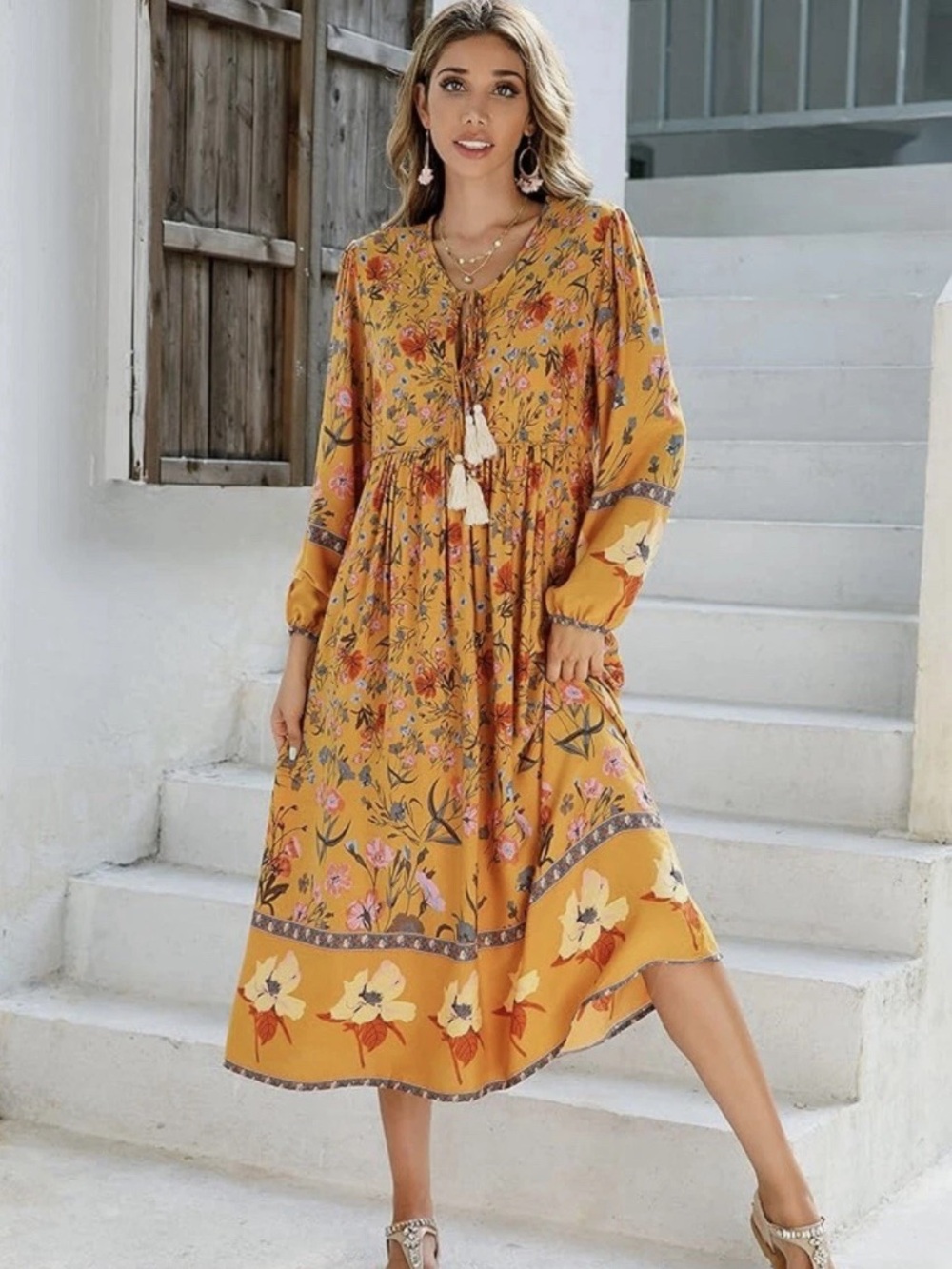 R. Vivimos Dijon Mustard Long Sleeve Floral Print Retro Tassel Bohemian Dress - Picture 3 of 9
